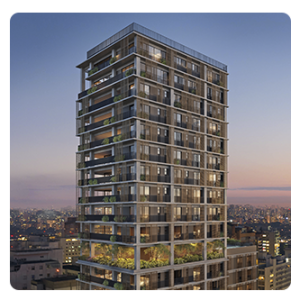 Torre única com um apartamento por andar
3 fachadas com amplos recuos
