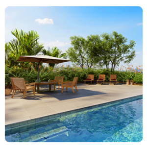 Espaço Wellness elevado com piscina e deck solarium